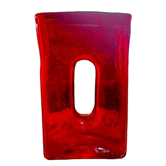 10"H VTG RED Hand Blown Abstract Hole Glass Vase - Air Bubbles - Rare Piece - Picture 2 of 7